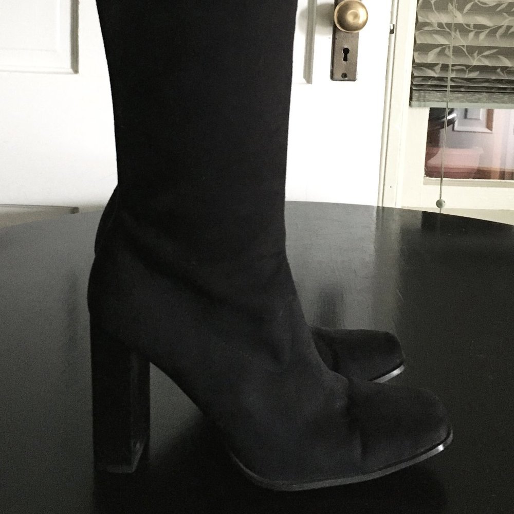 CANDIE'S Black Suede Stretch Tall Zip Stacked Heel